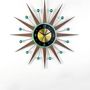 30 27 Turquoise Atomic wall clock Silver Starburst Clock George Nelson style Handmade 1970s sunburst Large clock vintage Industrial clock image 2