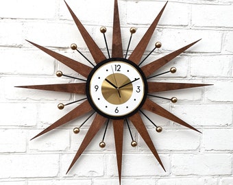 30" 26" Reloj de pared atómico Starburst Reloj George Nelson estilo 1970s Hecho a mano sunburst Latón Oro Gran reloj vintage moderno Reloj industrial