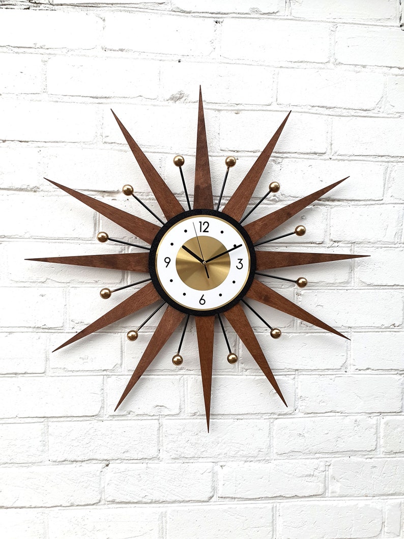 30 26 Atomic wall clock Starburst Clock George Nelson style 1970s Handmade sunburst Brass Gold Large clock vintage modern Industrial clock Brown