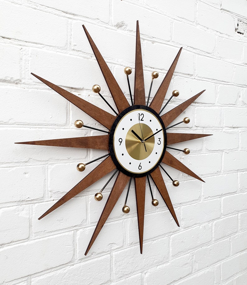 30 26 Atomic wall clock Starburst Clock George Nelson style 1970s Handmade sunburst Brass Gold Large clock vintage modern Industrial clock image 7