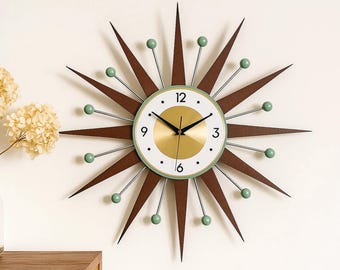 Mid Century Modern Starburst Wall Clock: Wood Rays & Mint Accents