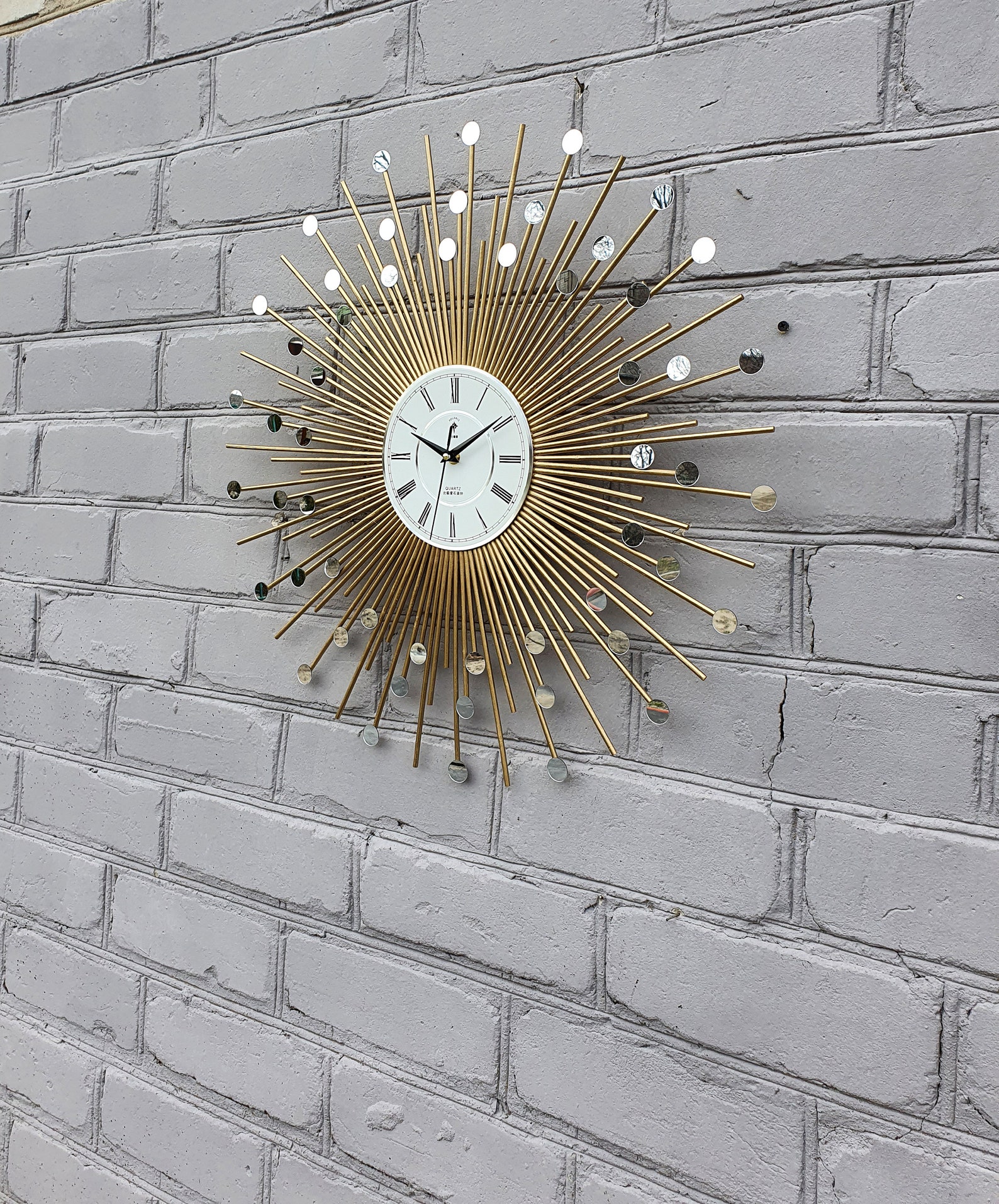 24 27 Gold Sunburst clock with small mirrors Wood Etsy