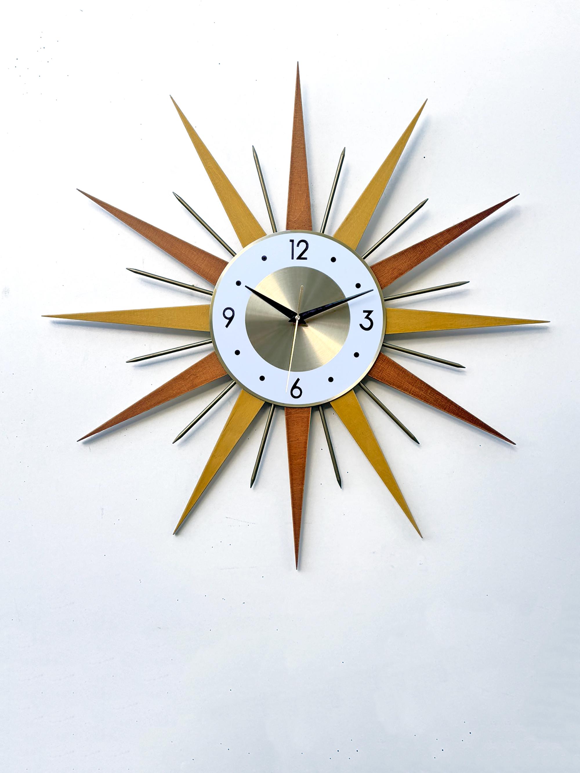 Starburst Wall Clock: 70s George Nelson Style, Burnt Orange & Gold