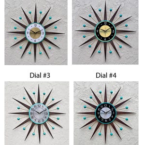 May include: Four different clock faces with a starburst design. The clock faces have a black, white, or yellow background with black numbers. The starburst design has brown rays with turquoise blue tips.