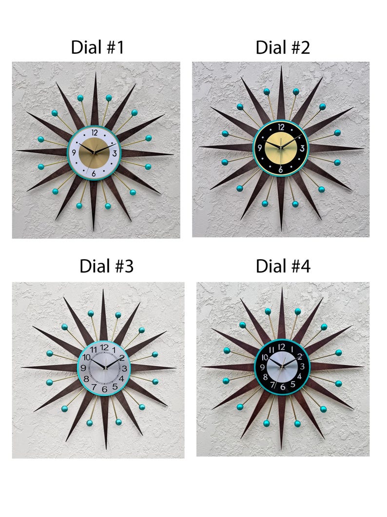 May include: Four different clock faces with a starburst design. The clock faces have a black, white, or yellow background with black numbers. The starburst design has brown rays with turquoise blue tips.