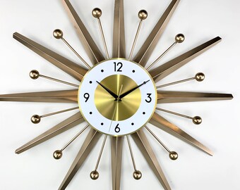Gold Sunburst Wall Clock: Mid Century Modern Atomic Style