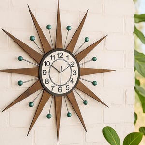 Turquoise Mid Century Modern Starburst Wall Clock – Large Retro Atomic Replica – Vintage Style Sunburst Wall Art – 1950s Inspired Home Decor