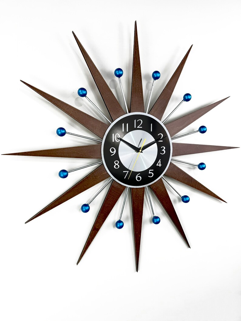 3027 Blue accents George nelson sunburst clock Unique Wall Clock in 1970s style Starburst clock mid century Large wall clock image 8