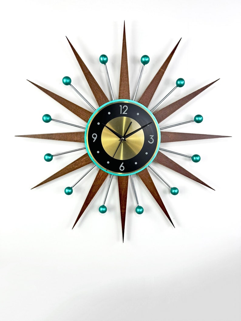 30 27 Turquoise Atomic wall clock Silver Starburst Clock George Nelson style Handmade 1970s sunburst Large clock vintage Industrial clock image 1