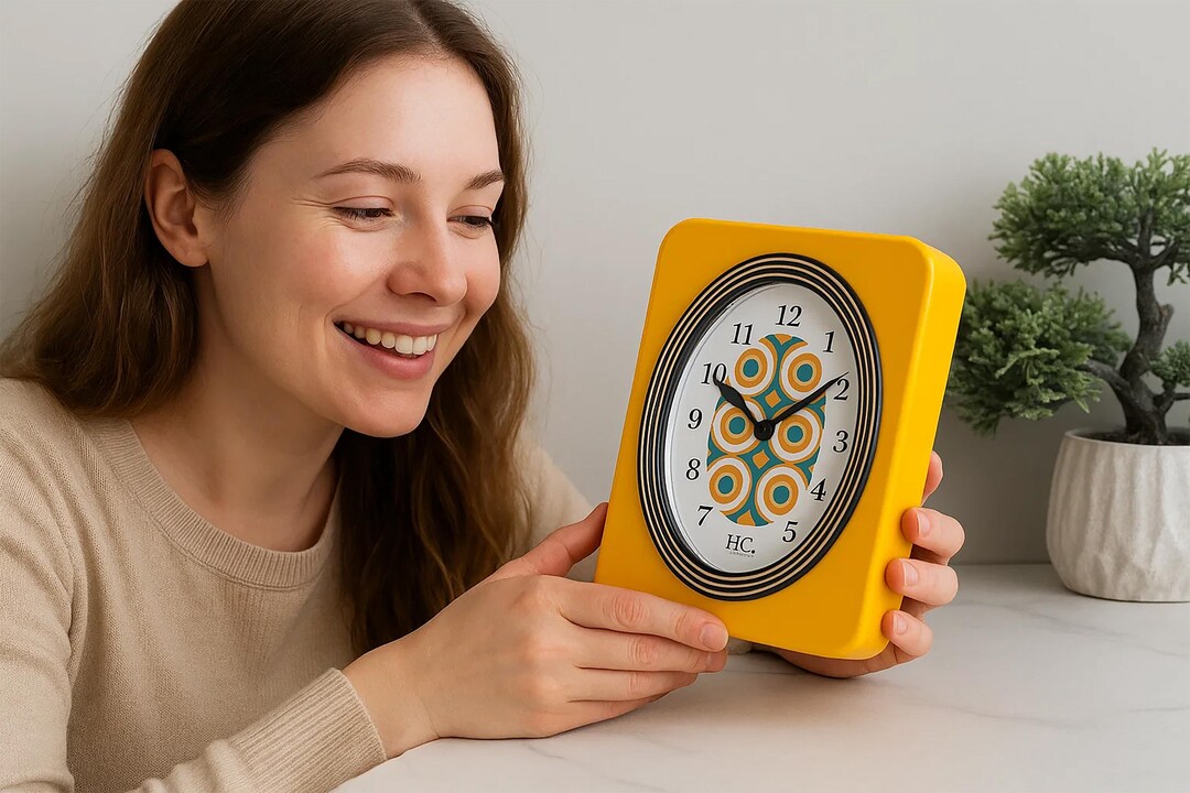 Retro Table Clock Image Retro Table Clock | Yellow Mid-century Modern Desk Clock | Vintage Oval ...