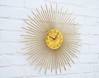 27" Gold Sunburst clock Wood clock Modern wall clock Wooden wall art nursery Scandinavian art Southern folk art"