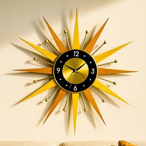 Mid Century Modern Starburst Wall Clock, Retro Sunburst Wall Decor, Vintage Style Home Accent (30, 27, 25 inch)
