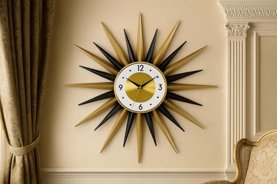 Mid-century Modern Starburst Wall Clock: Gold & Black Retro