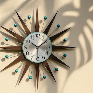 Mid Century Modern Starburst Wall Clock, Teal Atomic Decor