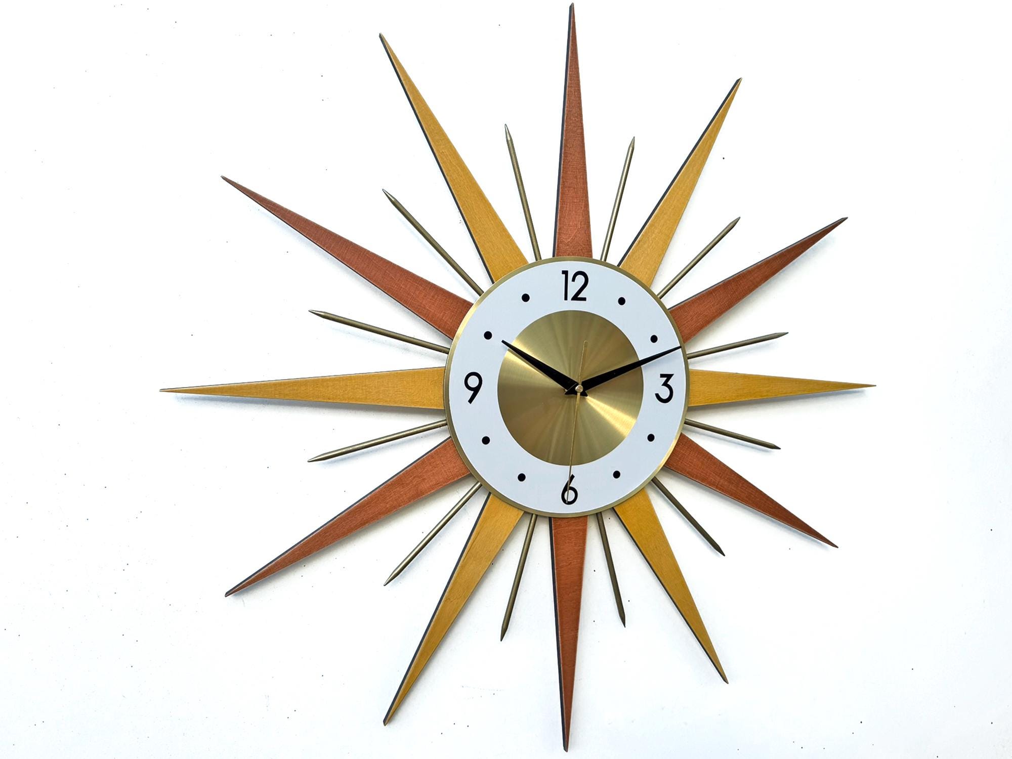 Starburst Wall Clock: 70s George Nelson Style, Burnt Orange & Gold