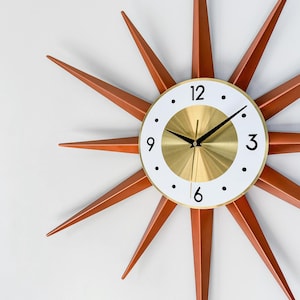 Starburst Wanduhr: 30&quot;Retro Orange & Messing, Mid Century Modern Dekor