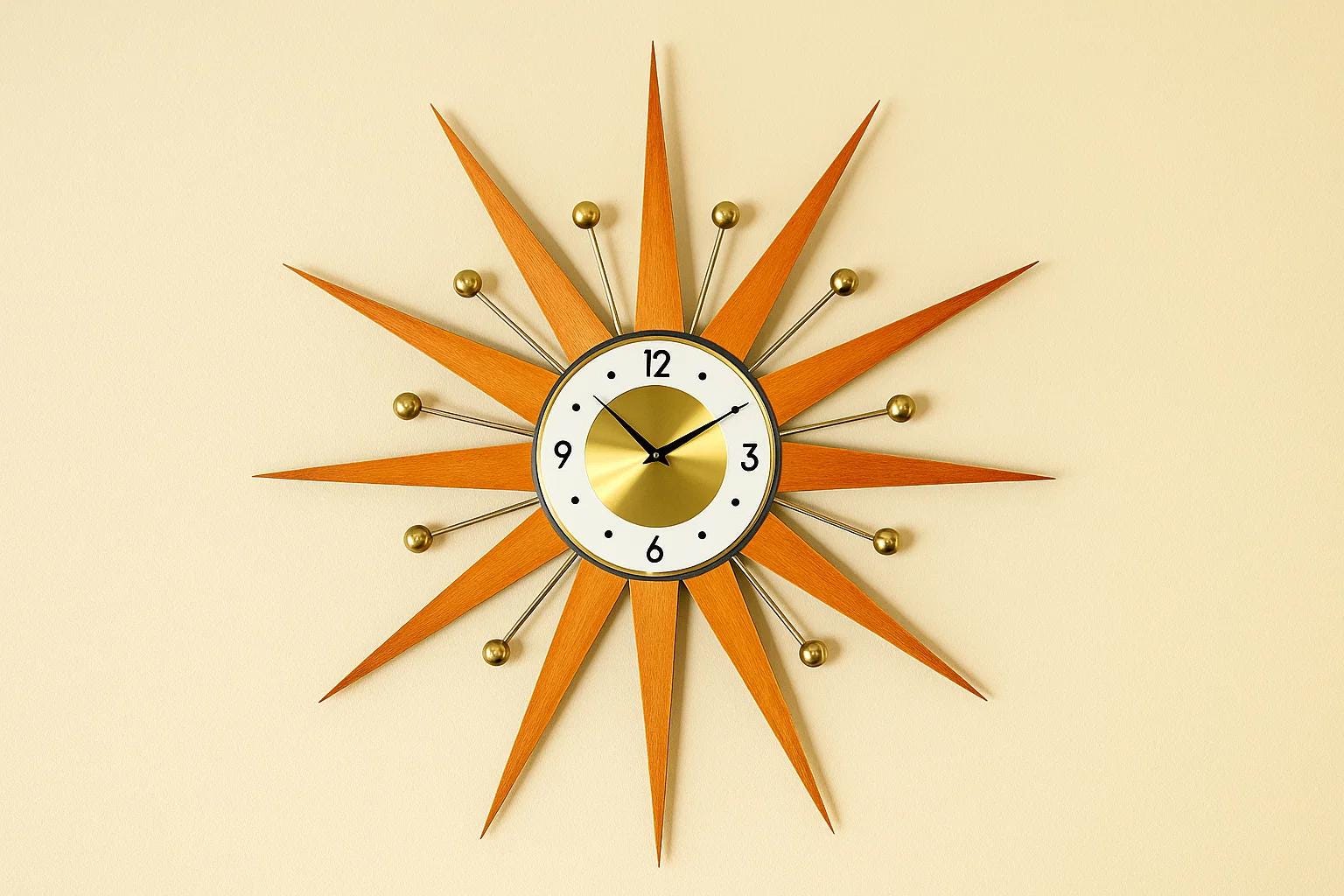 ゴールドスターバースト壁掛け時計：ミッドセンチュリーモダン