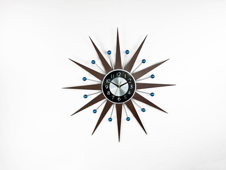 3027 Blue accents George nelson sunburst clock Unique Wall Clock in 1970s style Starburst clock mid century Large wall clock image 3