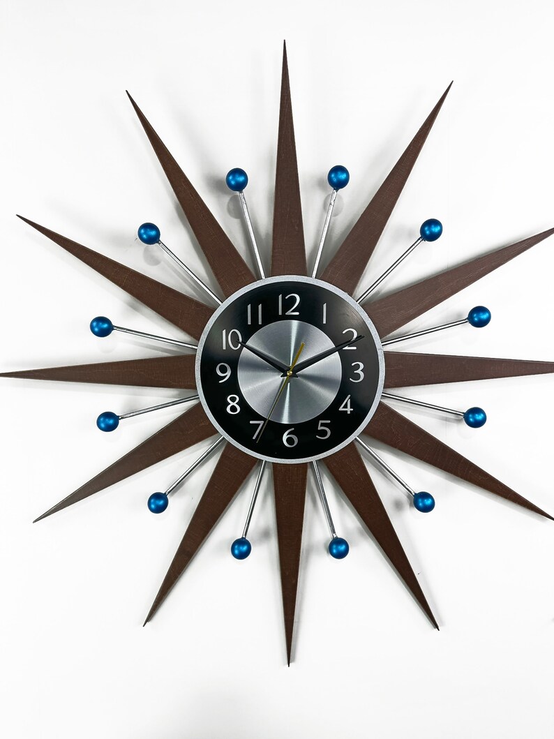 3027 Blue accents George nelson sunburst clock Unique Wall Clock in 1970s style Starburst clock mid century Large wall clock image 5