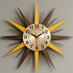 Mid Century Modern Sunburst Wall Clock, Gold Walnut Atomic Decor