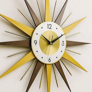 Mid Century Modern Sunburst Wall Clock – Silent Retro Starburst Decor