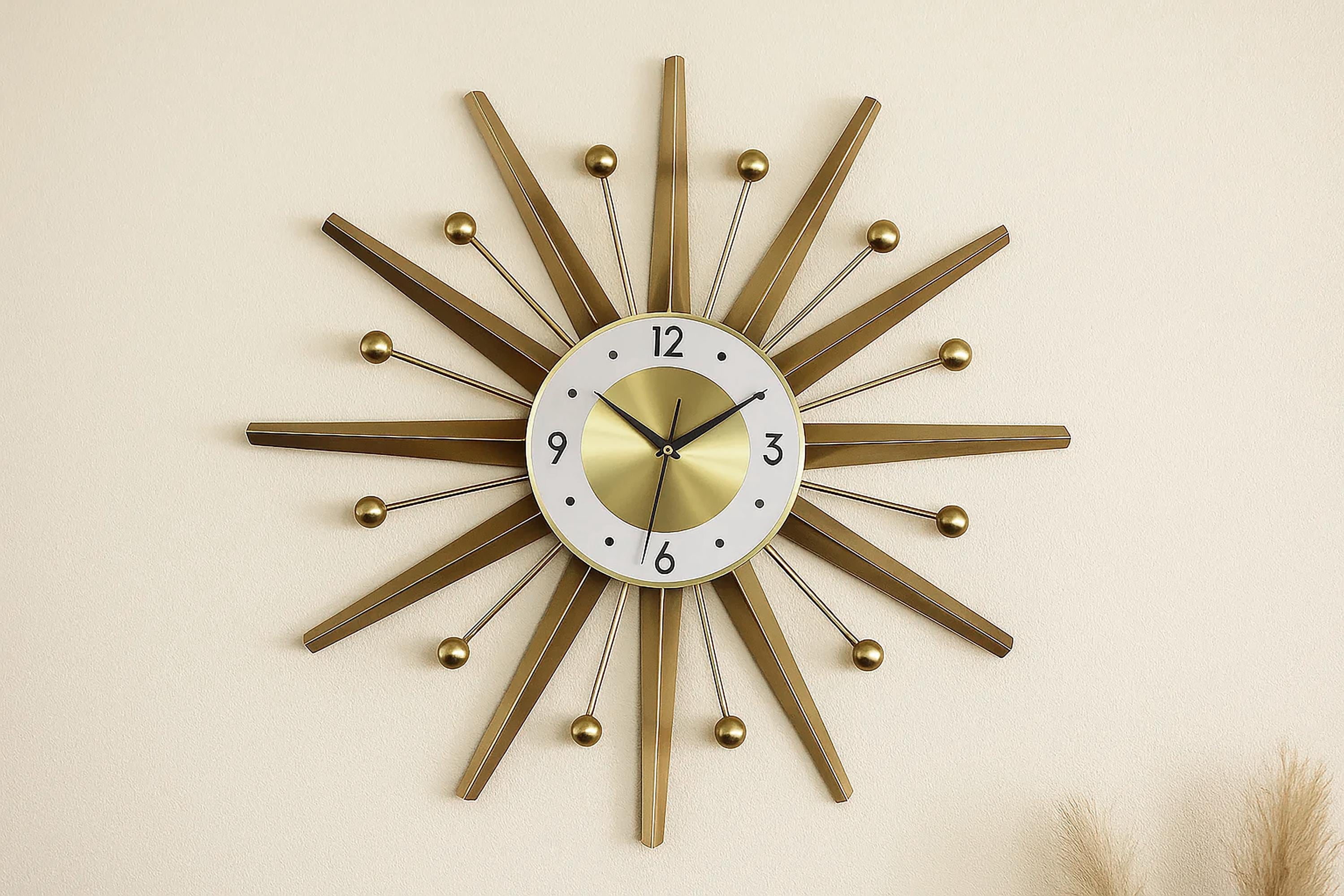 Mid Century Modern Starburst Wall Clock: Gold Metal Retro Atomic Decor  30" 27" 24"