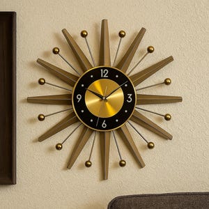 Mid-Century Modern Starburst Wall Clock: Gold Chrome Atomic Decor