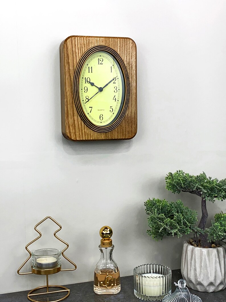 Small wood wall clock Fireplace mantel decor in Vintage clock Art Deco style Retro clock image 6