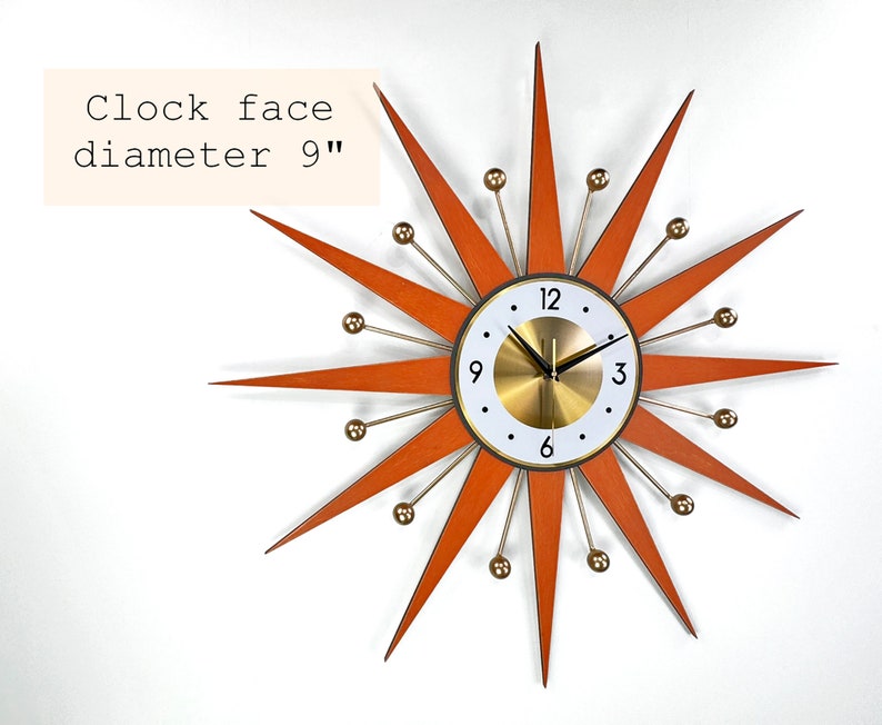 30 26 Atomic wall clock Starburst Clock George Nelson style 1970s Handmade sunburst Brass Gold Large clock vintage modern Industrial clock Orange