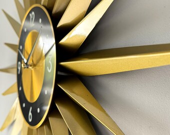 Mid Century Wall Clock, Gold Starburst Clock, Black Dial Sunburst, Atomic Wall Decor, George Nelson Style, Statement Clock