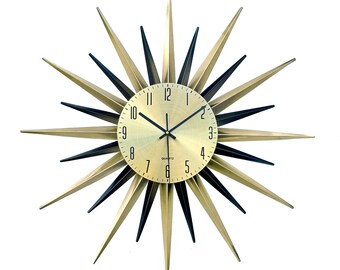 Large 31" Mid Century Modern Starburst Wall Clock: Gold & Black MCM Decor