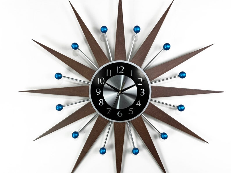 3027 Blue accents George nelson sunburst clock Unique Wall Clock in 1970s style Starburst clock mid century Large wall clock image 10