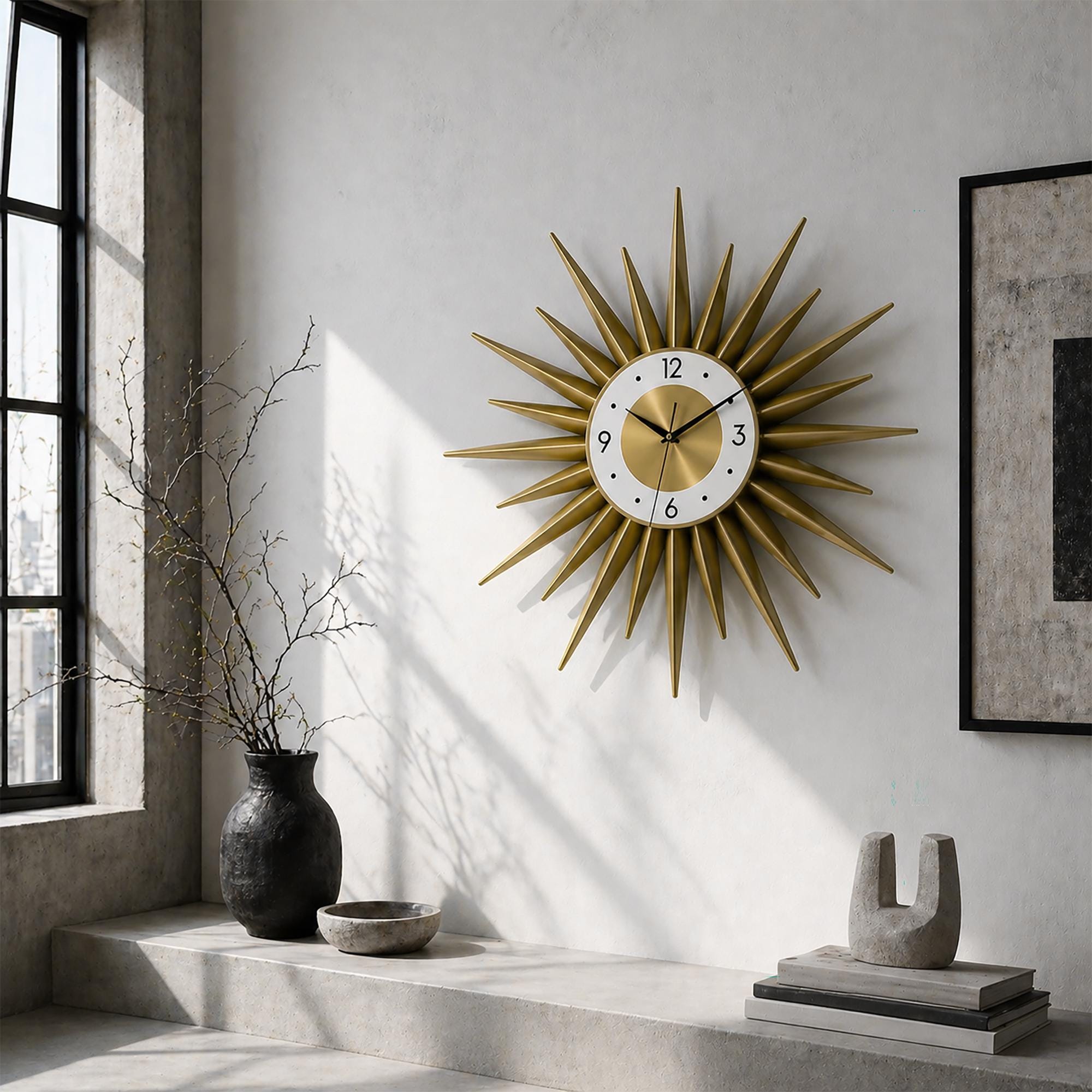 Gold Sunburst Clock, Mid Century Modern Starburst, Atomic Style