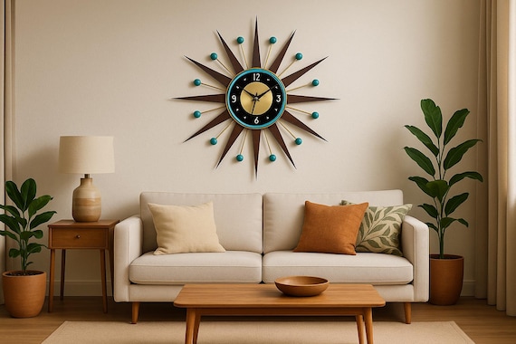 Turquoise Atomic Starburst Clock: Gold Accent, Mid Century Style (27/30")