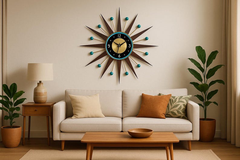Turquoise Atomic Starburst Clock: Gold Accent, Mid Century Style (27/30") image 1