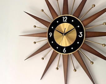 Mid Century Sunburst Clock, Black Gold Dial, Wooden Rays, Atomic Decor, Retro Nelson Inspired