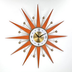 30 26 Burnt orange Atomic wall clock Starburst Clock George Nelson style 1970s Brass Gold Large clock vintage modern Industrial clock image 2