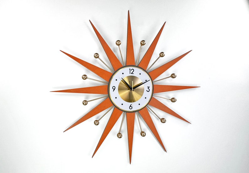 30 26 Burnt orange Atomic wall clock Starburst Clock George Nelson style 1970s Brass Gold Large clock vintage modern Industrial clock image 2