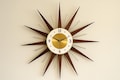 Mid Century Modern Starburst Wall Clock: Walnut Wood & Gold Accents