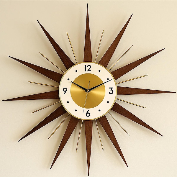 Mid Century Modern Starburst Wall Clock: Walnut Wood & Gold Accents