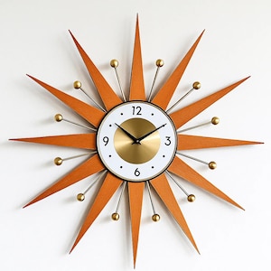 Mid Century Modern Starburst Wall Clock: Handmade Atomic Decor with Brass Accents