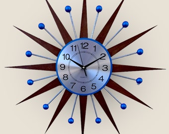 30” 27”George nelson sunburst clock Unique Wall Clock in 1970s style Starburst clock mid century Large wall clock with blue accents