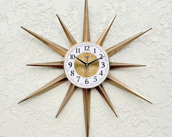 30" Gold Starburst Wall Clock: Handmade Atomic Style, 1970s Modern
