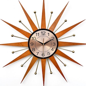 25&quot; Handmade Burnt Orange Starburst Wall Clock – Atomic Mid Century Modern Decor