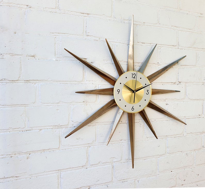 30 Gold Atomic clock Starburst unique wall clock George Nelson style Handmade 1970s sunburst vintage modern Nursery Brass Industrial clock image 6