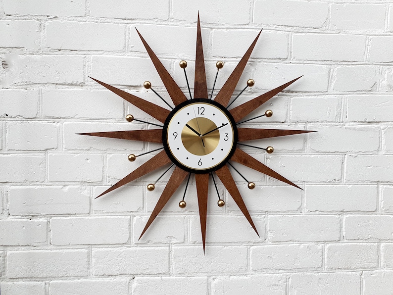 30 26 Atomic wall clock Starburst Clock George Nelson style 1970s Handmade sunburst Brass Gold Large clock vintage modern Industrial clock image 8