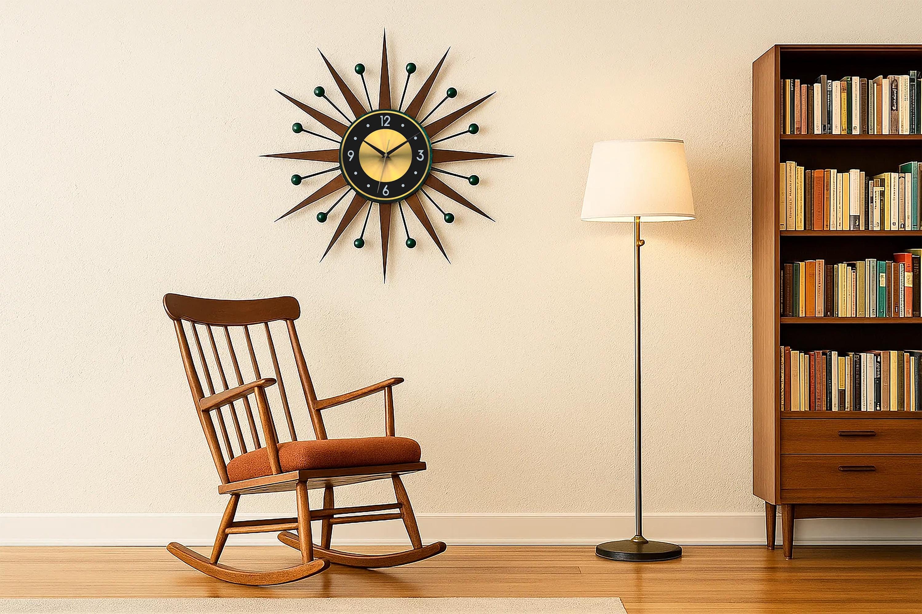 Dark Green Accents - Mid-Century Modern Starburst Wall Clock Replica – Retro Atomic Design, 27" or 30" -Handmade Vintage-Style Wall Art
