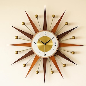 Mid Century Modern Starburst Wall Clock: Wood & Metal Retro Decor