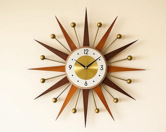 Mid Century Modern Starburst Wall Clock: Wood & Metal Retro Decor