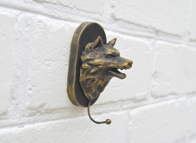 Wolf head wall hooks Stuffed animal Black and Gold Key hook Etsy
